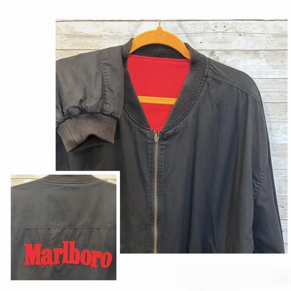 Vintage 90's Marlboro Mens XL Jacket Black Red Reversible Full Zip Bomber Cotton